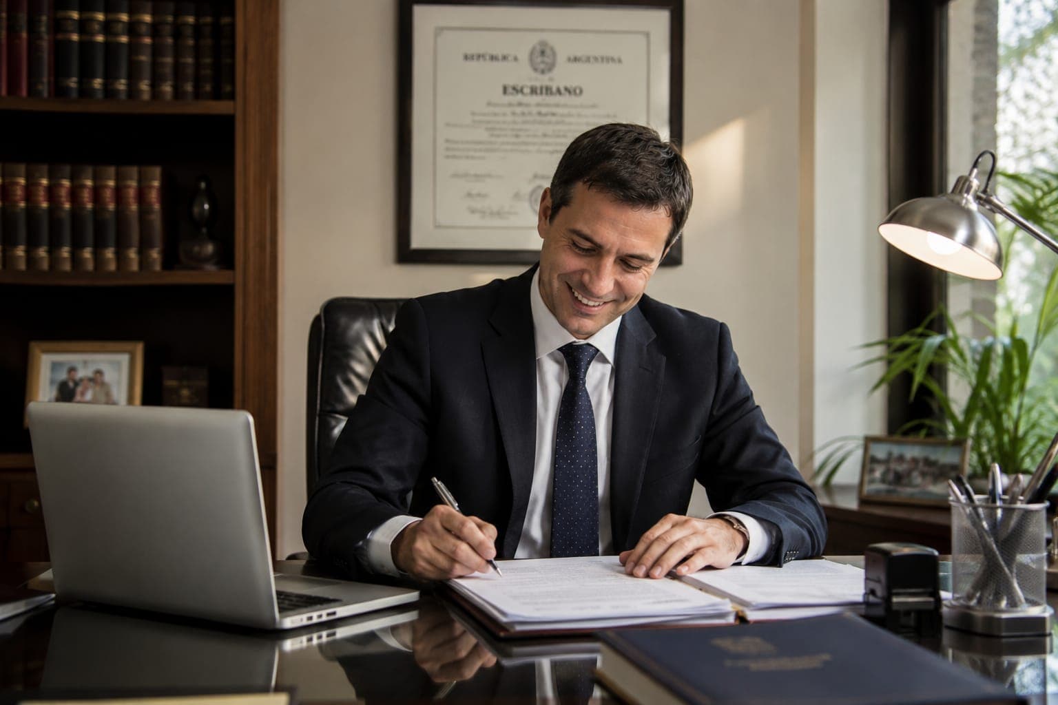 Escribano firmando una escritura en su estudio